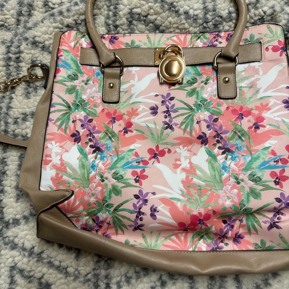 Floral Tote Bag with Tan Accents